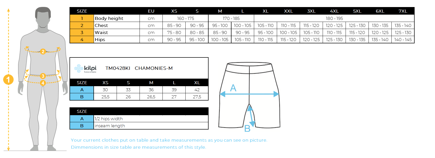 Compressie-hardloopshort voor heren Kilpi CHAMONIES-M – Maattabel