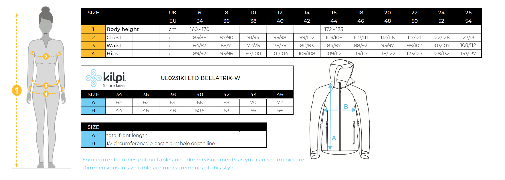 Katoenen hoodie voor dames Kilpi LTD BELLATRIX-W – Maattabel
