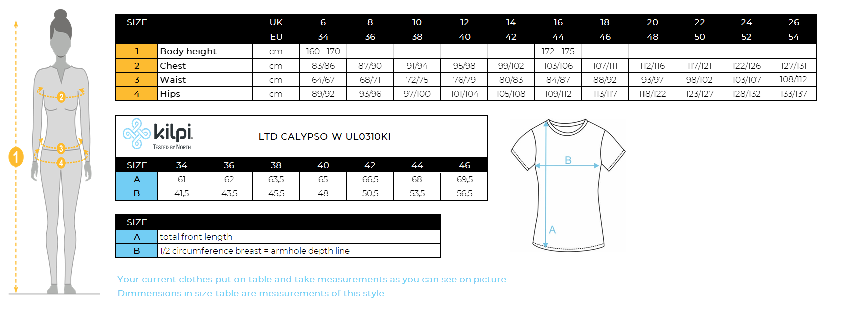 Dames-T-shirt Kilpi LTD CALYPSO-W – Maattabel
