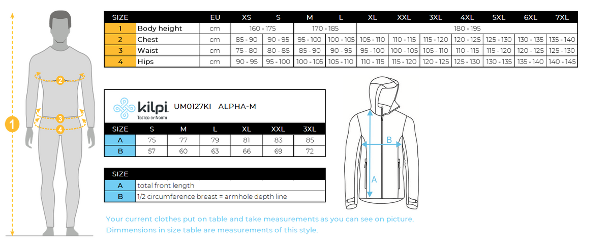 Geïsoleerde herenjas Kilpi ALPHA-M – Maattabel