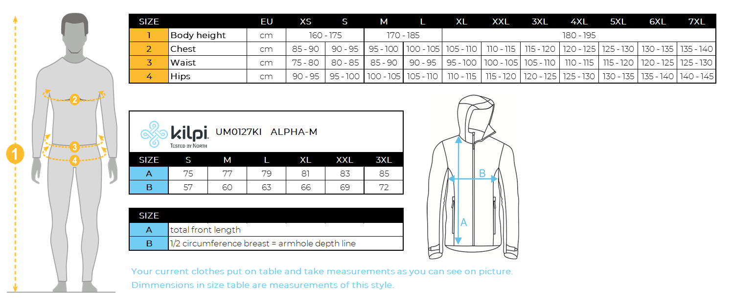 Geïsoleerde herenjas Kilpi ALPHA-M – Maattabel