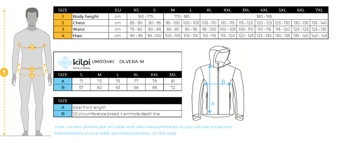 Outdoorjas voor heren Kilpi OLVERA-M – Maattabel