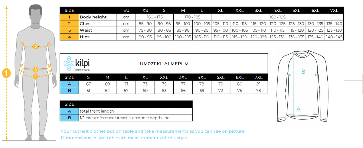 Men´s fleece middle layer Kilpi ALMERI-M – Size chart