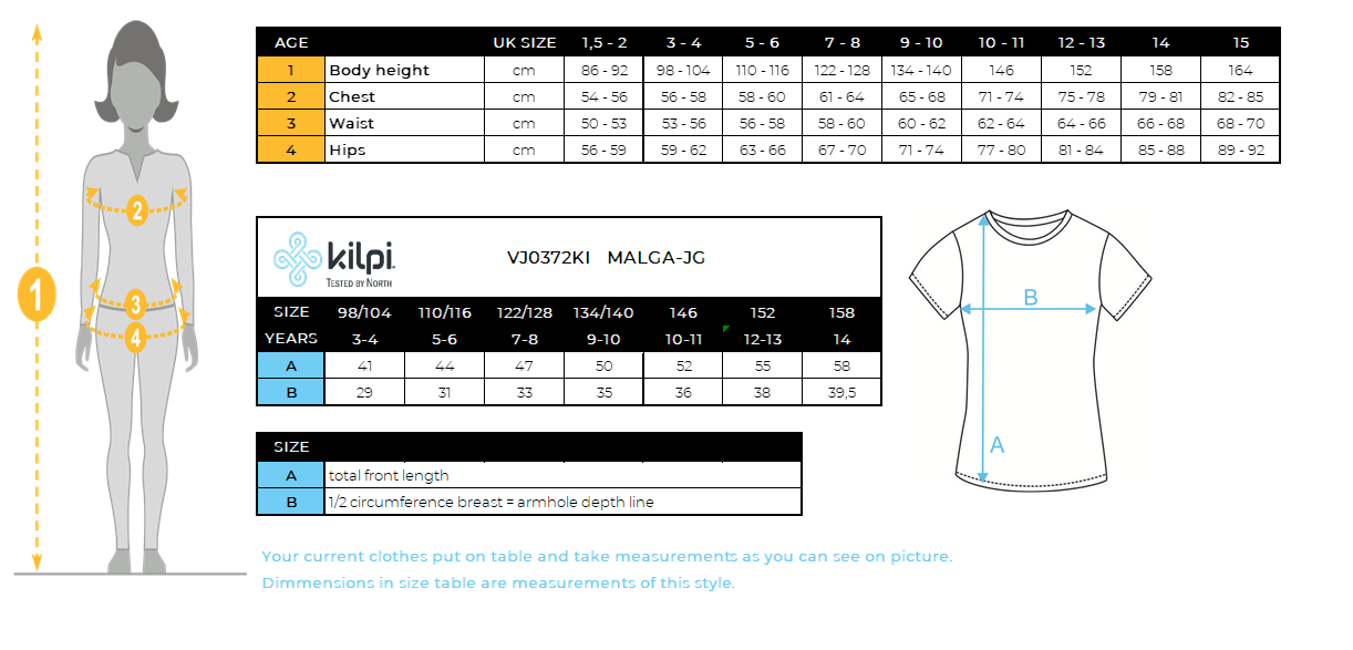 Katoenen T-shirt voor meisjes Kilpi MALGA-JG – Maattabel