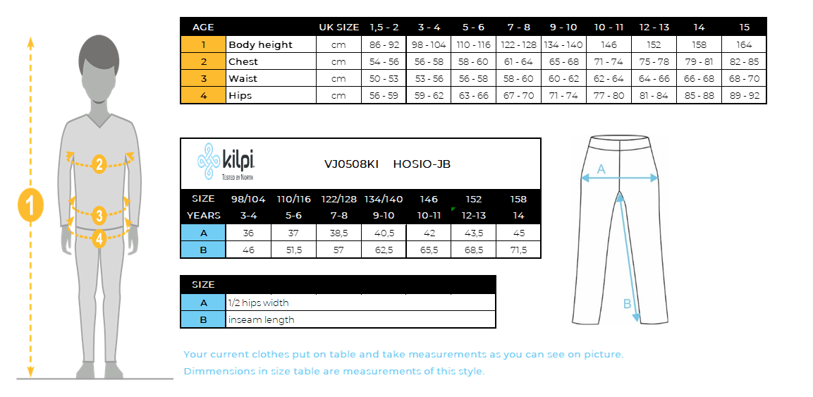 Outdoorbroek voor jongens Kilpi HOSIO-JB – Maattabel