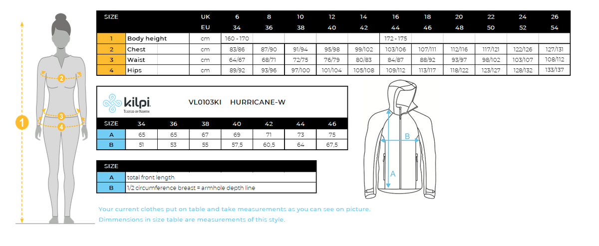 Damesmembraanjas Kilpi HURRICANE-W – Maattabel
