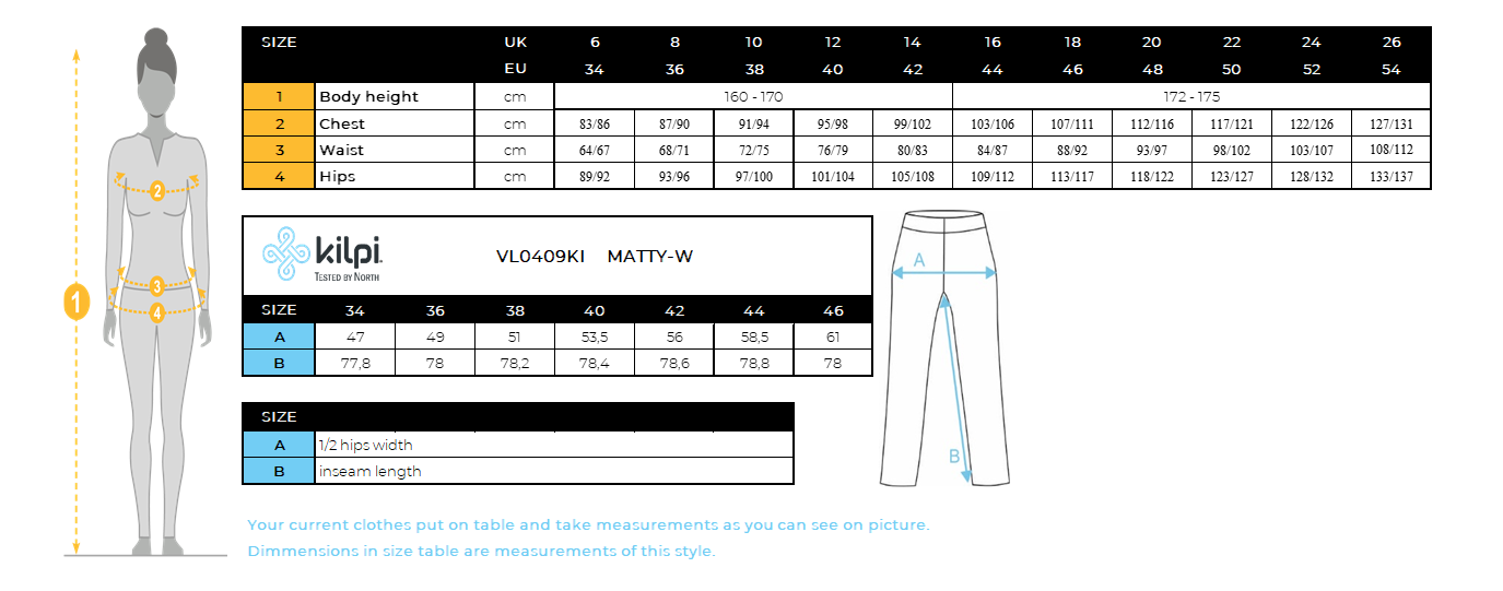 Katoenen joggingbroek voor dames Kilpi MATTY-W – Maattabel