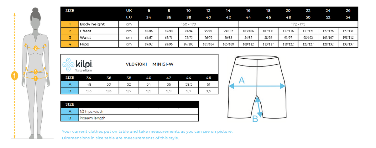 Outdoor-short voor dames Kilpi MINISI-W – Maattabel