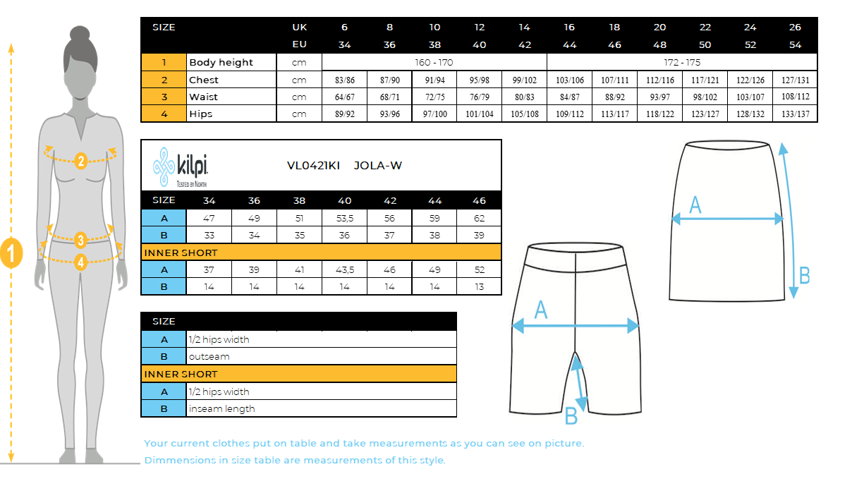 Damesfietsrok Kilpi JOLA-W – Maattabel