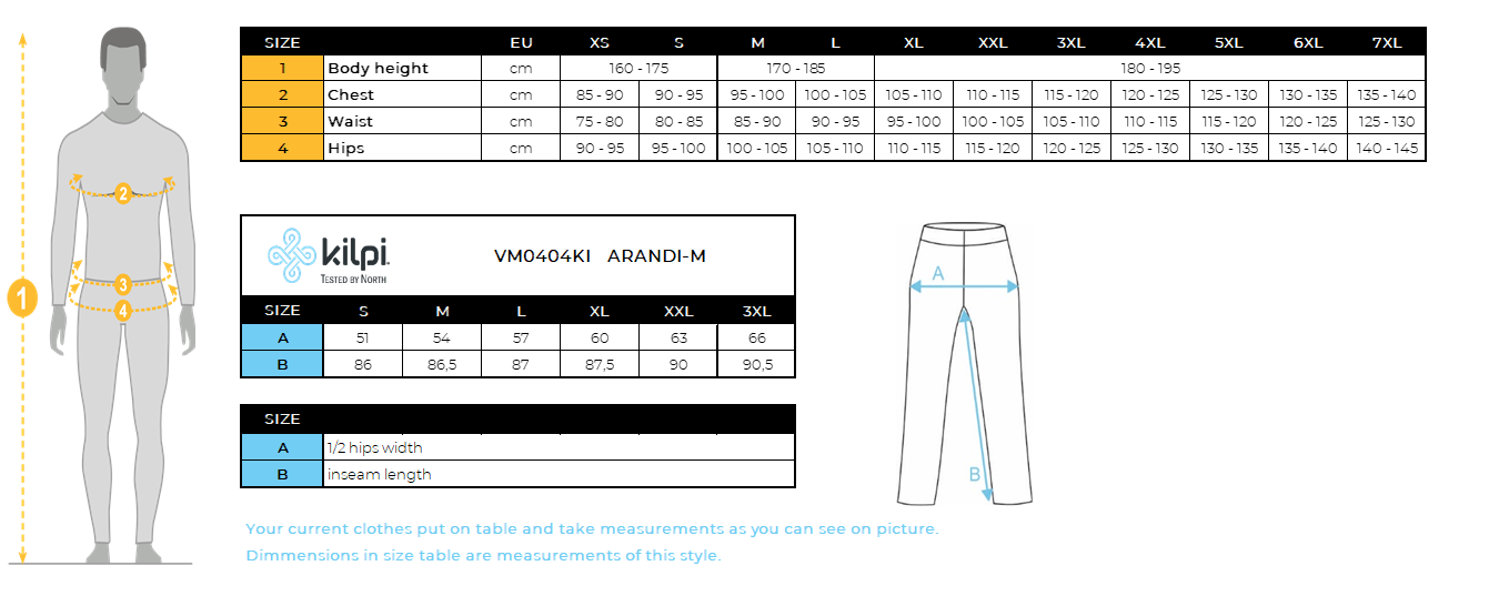 Outdoorbroek voor heren Kilpi ARANDI-M – Maattabel