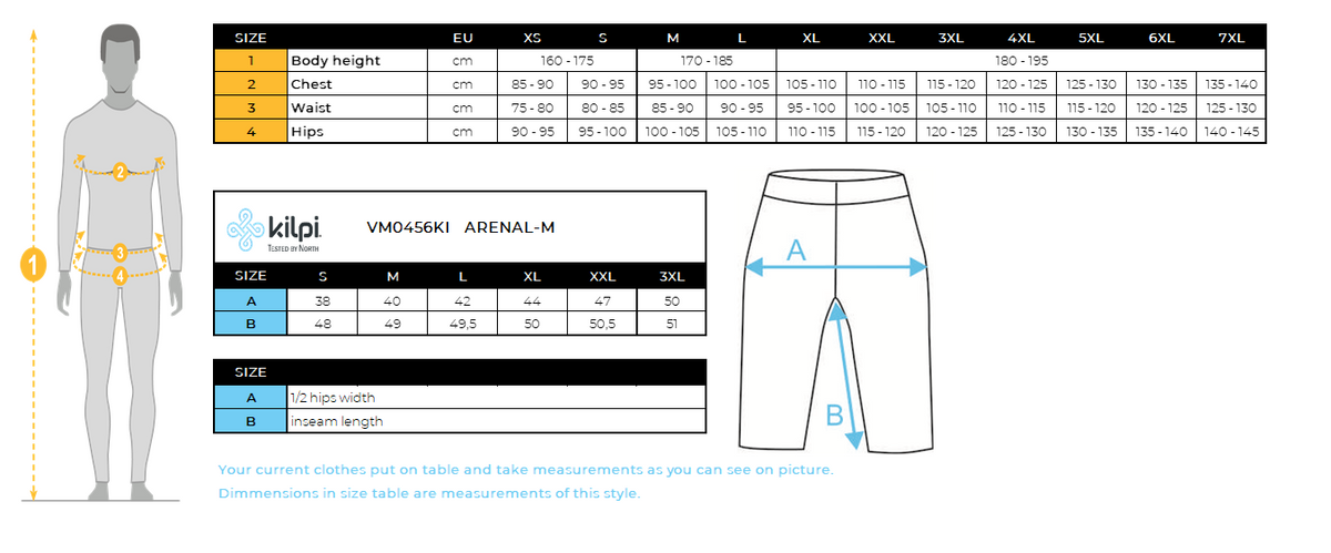 Men's cycling leggings Kilpi ARENAL-M – Size chart
