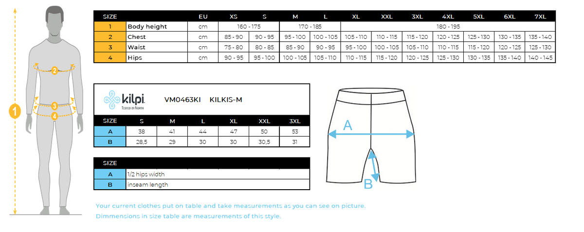Compressie-hardloopshort voor heren Kilpi KILKIS-M – Maattabel