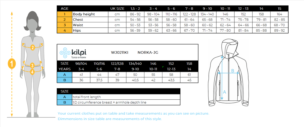 Harige fleecehoodie voor meisjes Kilpi NORKA-JG – Maattabel