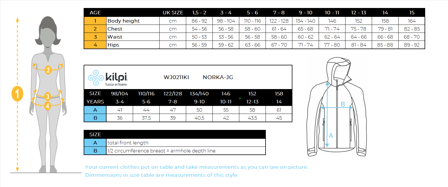 Harige fleecehoodie voor meisjes Kilpi NORKA-JG – Maattabel