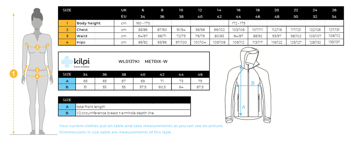Waterdichte outdoorjas voor dames Kilpi METRIX-W – Maattabel