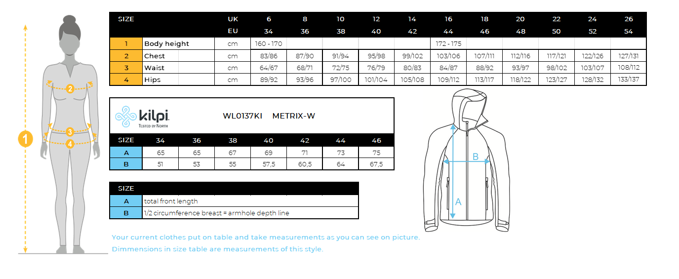 Waterdichte outdoorjas voor dames Kilpi METRIX-W – Maattabel