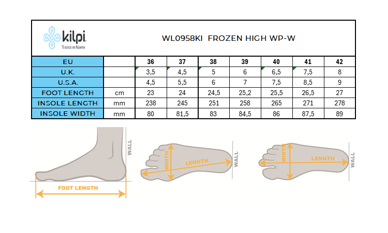 Hoge sneeuwschoenen voor dames Kilpi FROZEN HIGH WP-W – Maattabel