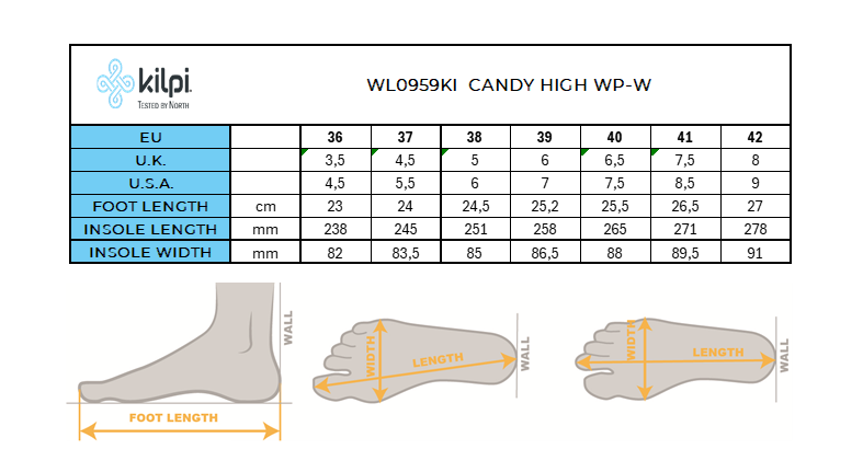 Hoge sneeuwschoenen voor dames Kilpi CANDY HIGH WP-W – Maattabel