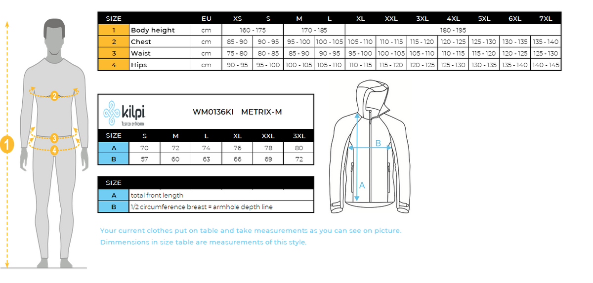 Waterdichte outdoorjas voor heren Kilpi METRIX-M – Maattabel