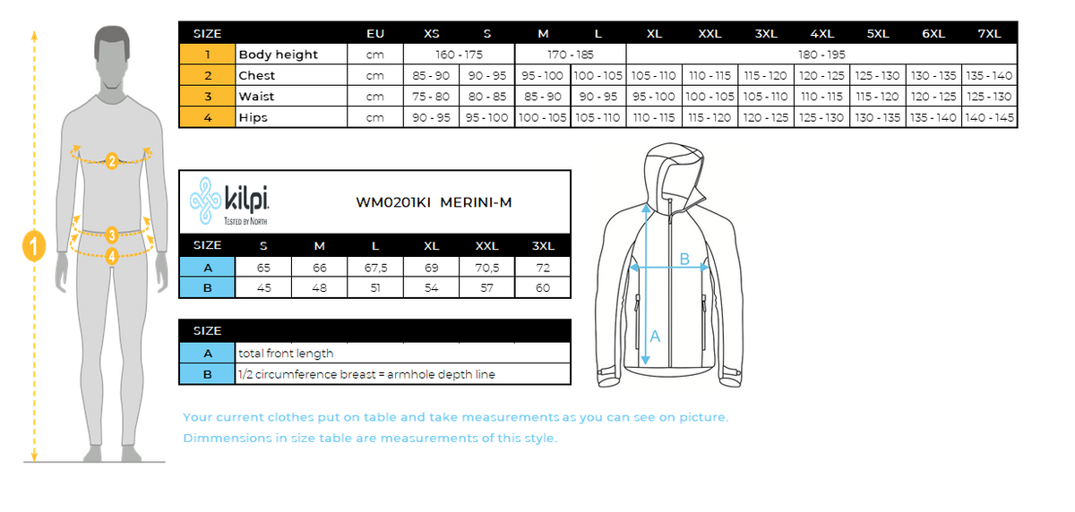 Merino-trui met capuchon voor heren Kilpi MERINI-M – Maattabel