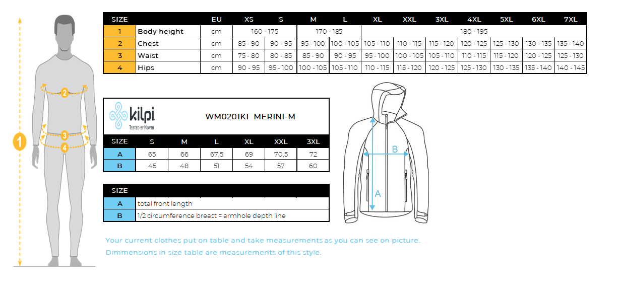 Merino-trui met capuchon voor heren Kilpi MERINI-M – Maattabel