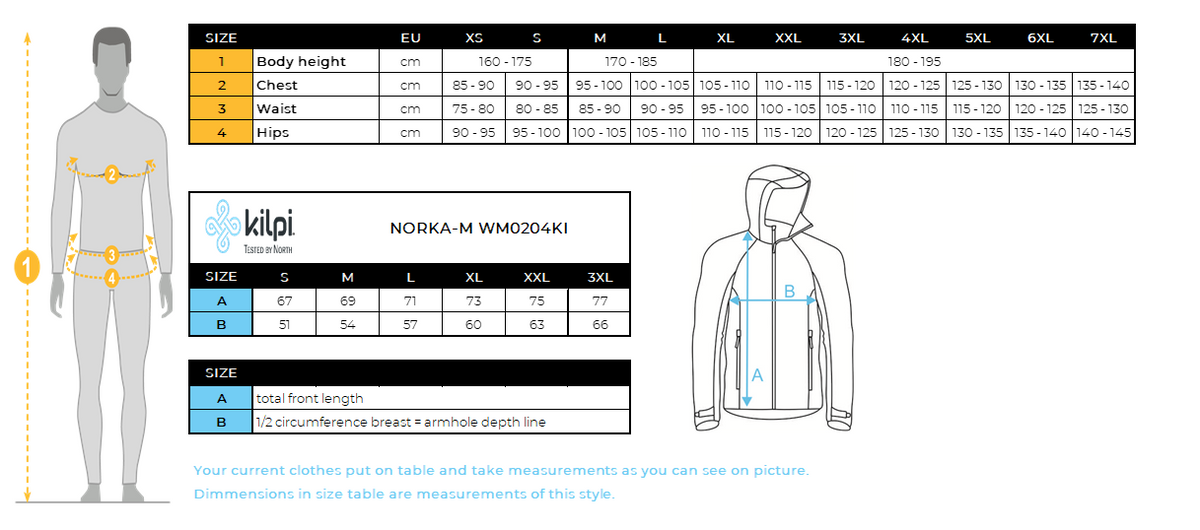 Heren fleecehoodie met capuchon Kilpi NORKA-M – Maattabel