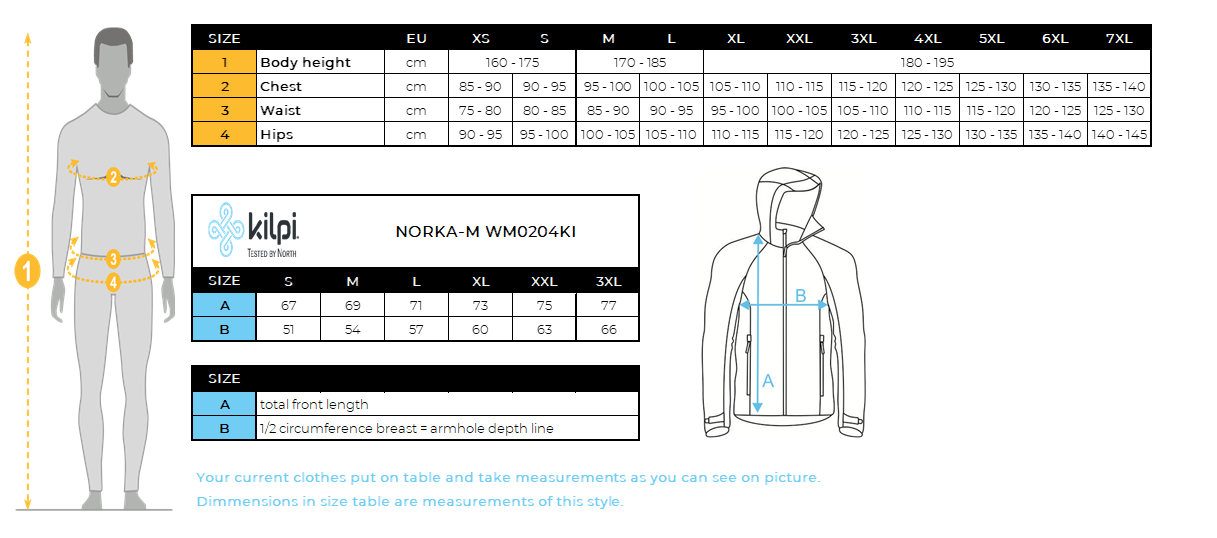 Heren fleecehoodie met capuchon Kilpi NORKA-M – Maattabel