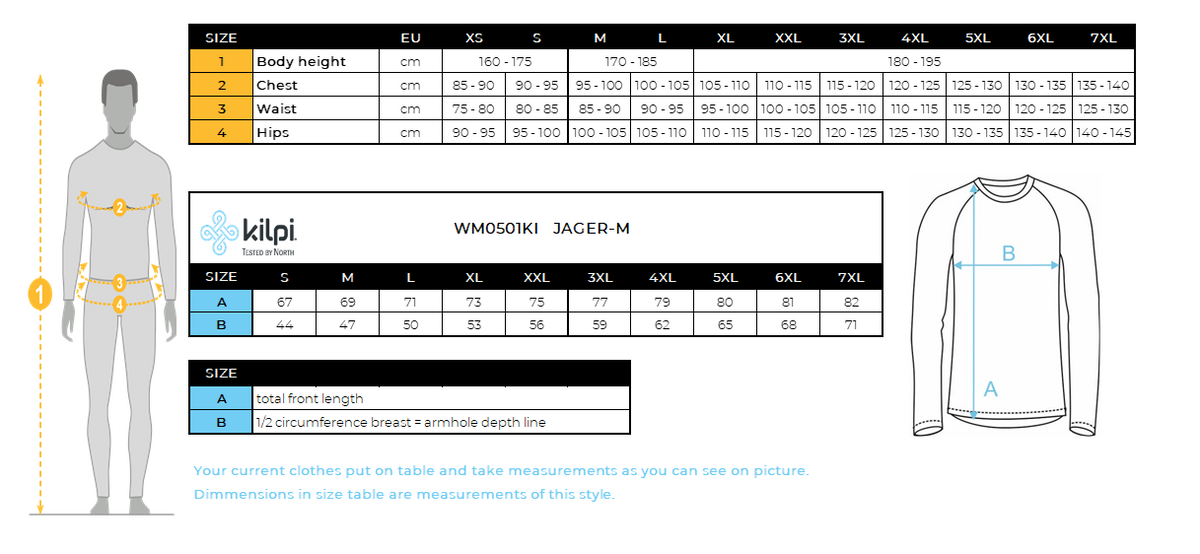 Men's long sleeve merino wool base layer top Kilpi JAGER-M – Size chart