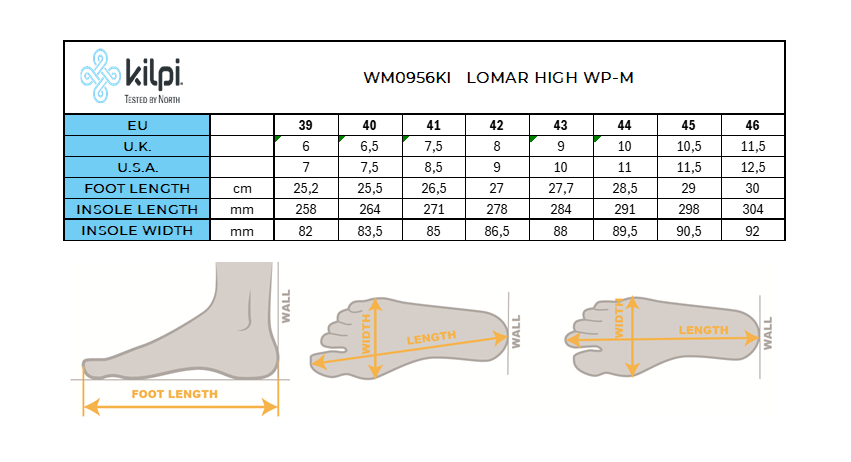 Wintervrije-tijdsschoenen voor heren Kilpi LOMAR HIGH WP-M – Maattabel