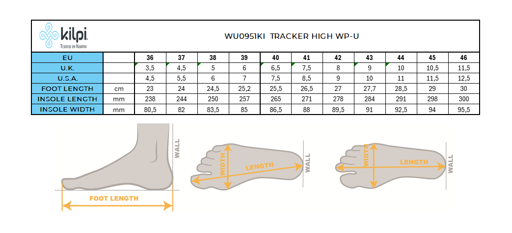 Unisex hoge outdoorschoenen Kilpi TRACKER HIGH WP-U – Maattabel