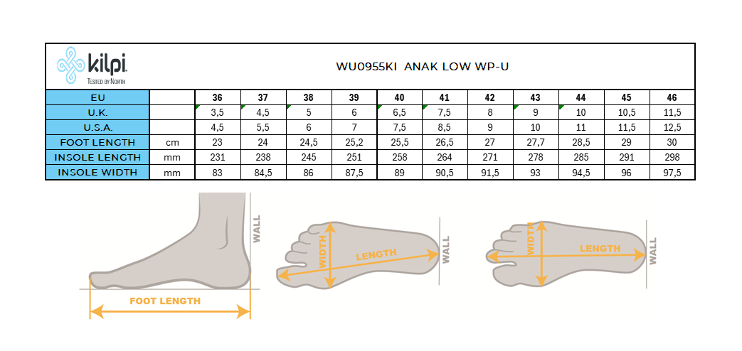 Unisex lage outdoorschoenen Kilpi ANAK LOW WP-U – Maattabel