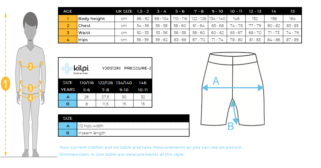 Fietsbroek voor kinderen Kilpi PRESSURE-J – Maattabel