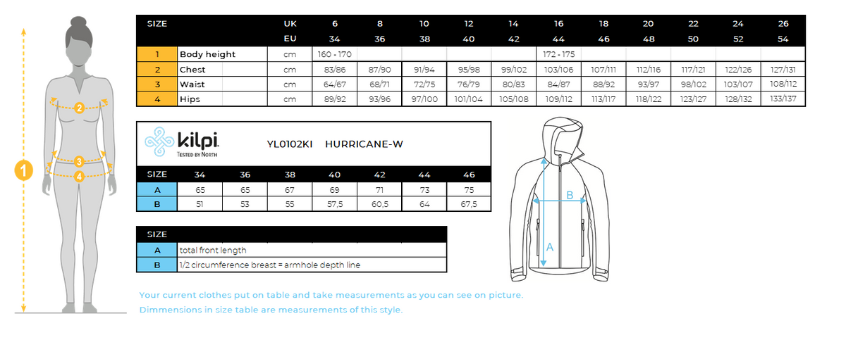 Waterdichte outdoorjas voor dames Kilpi HURRICANE-W – Maattabel