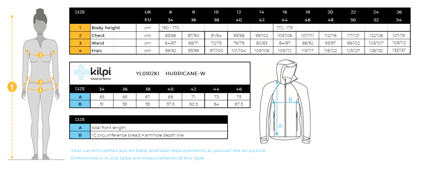 Waterdichte outdoorjas voor dames Kilpi HURRICANE-W – Maattabel