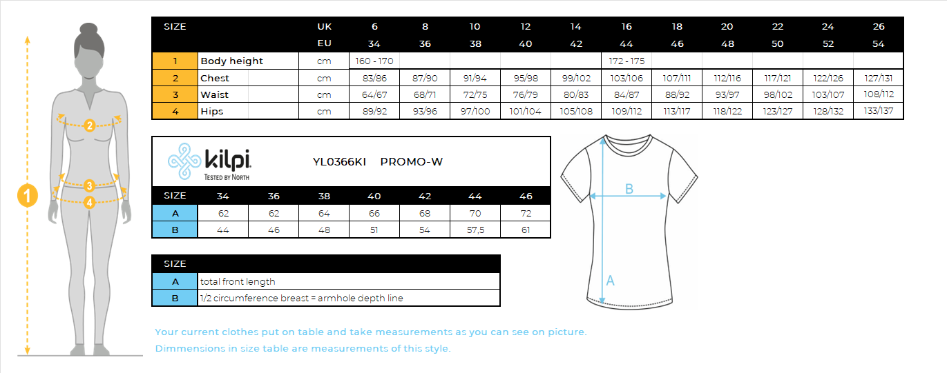 Katoenen T-shirt voor dames Kilpi PROMO-W – Maattabel