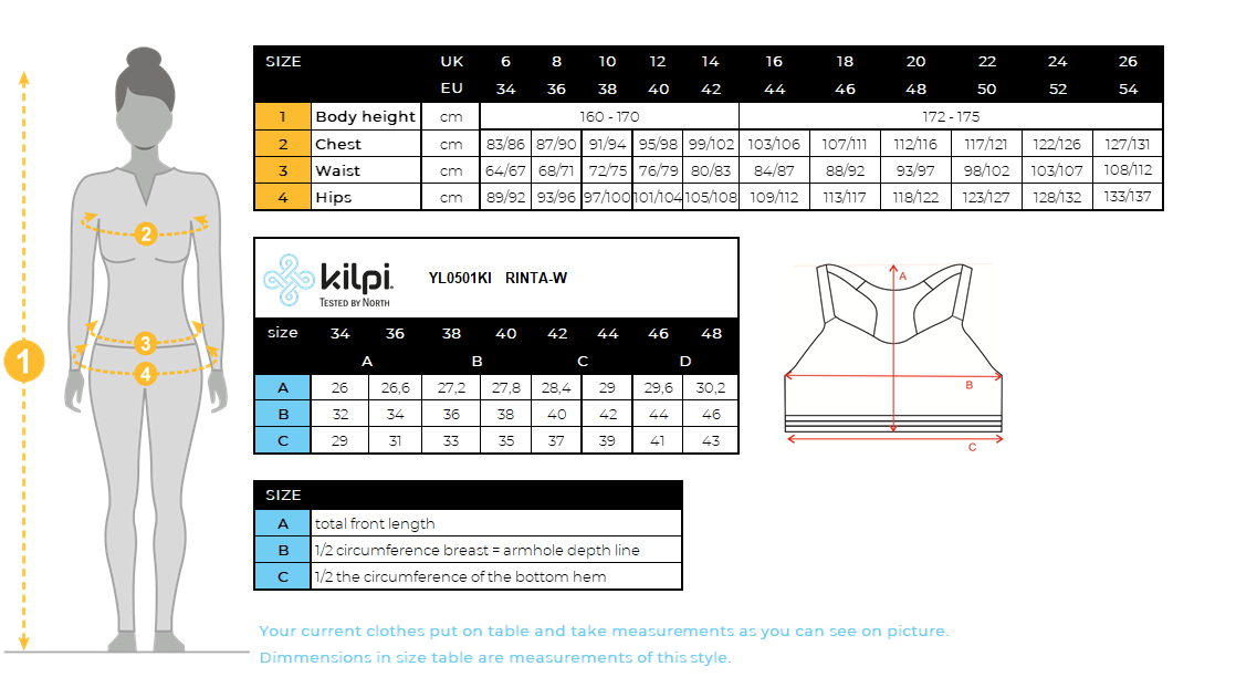 Sportbeha voor dames Kilpi RINTA-W – Maattabel