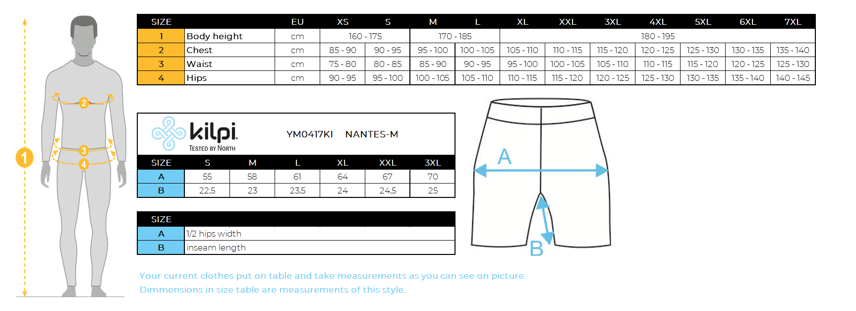 Fitness voor mannen SHORTS Kilpi NANTES-M – Maattabel