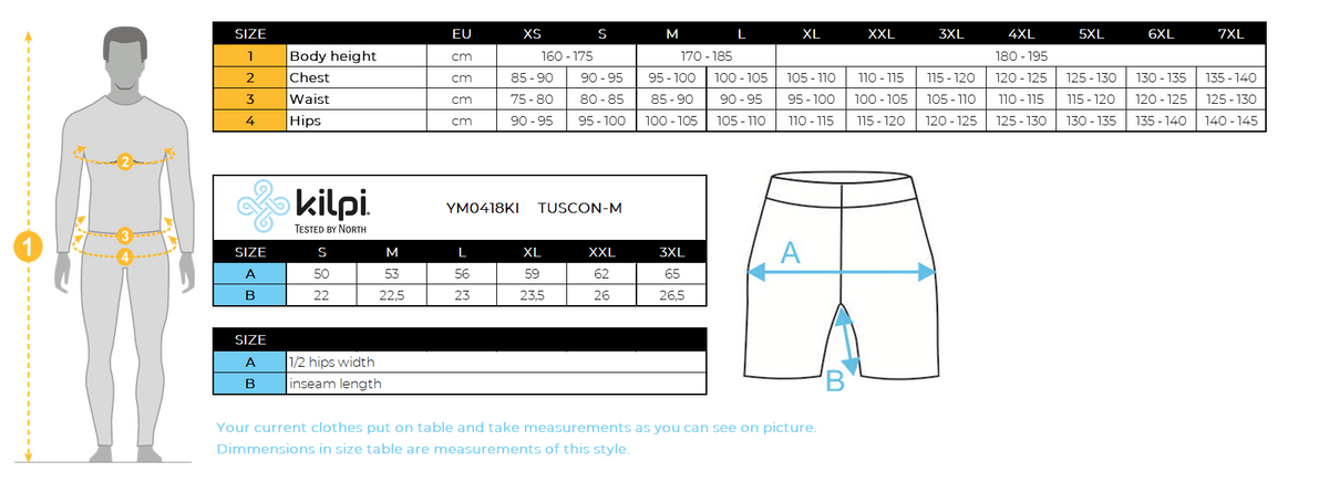 Heren katoen SHORTS Kilpi TUSCON-M – Maattabel