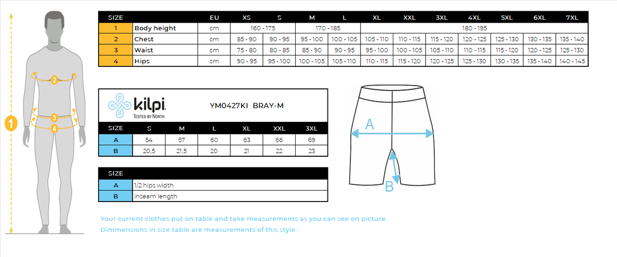 Fitness voor mannen SHORTS Kilpi BRAY-M – Maattabel