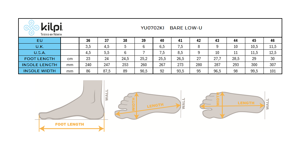 Buitenschoenen op blote voeten Kilpi BARELO LOW-U – Maattabel