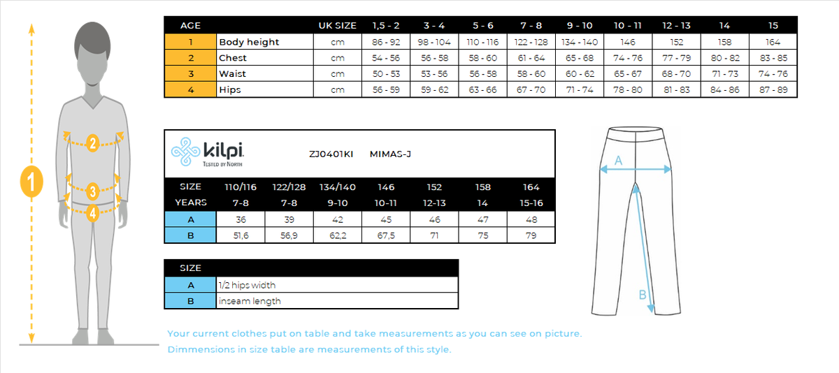 Kinder skibroek Kilpi MIMAS-J – Maattabel