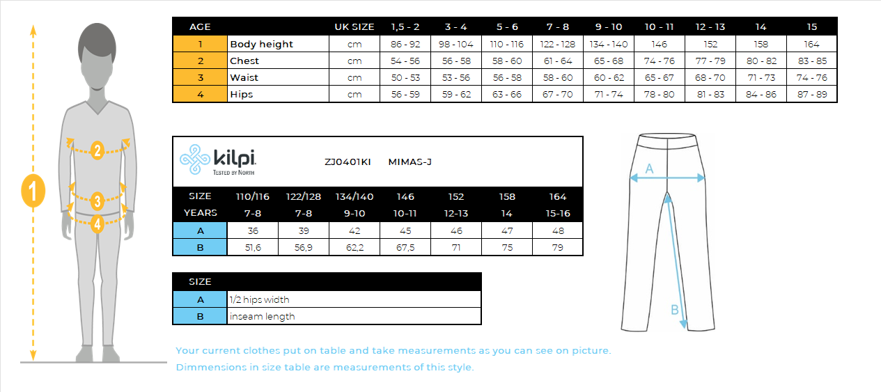 Kinder skibroek Kilpi MIMAS-J – Maattabel