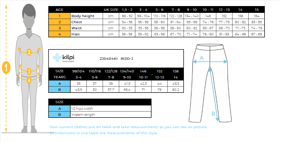 Softshell outdoorbroek voor kinderen Kilpi RIZO-J – Maattabel