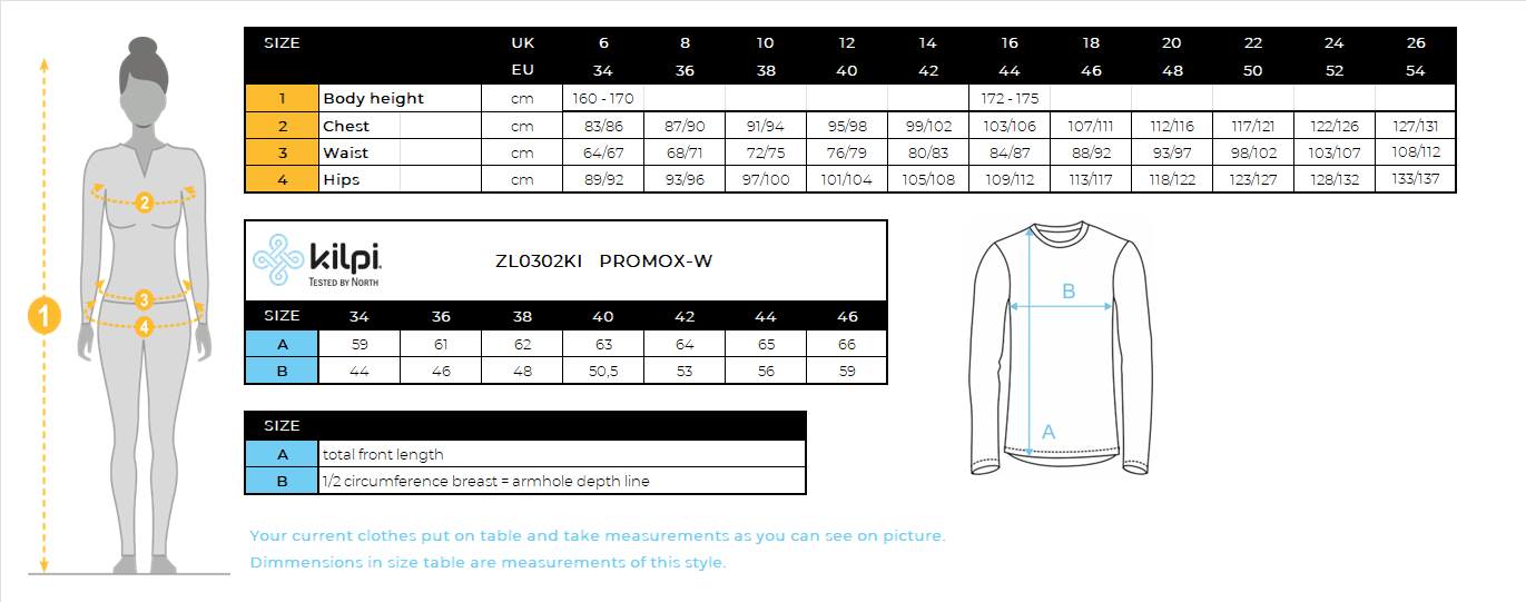 Katoenen T-shirt met lange mouwen voor dames Kilpi PROMOX-W – Maattabel