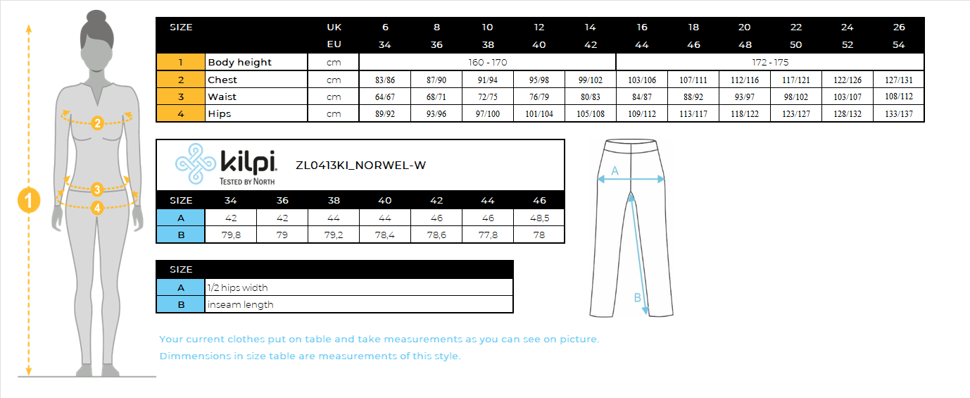 Dames hardloopbroek Kilpi NORWEL-W – Maattabel