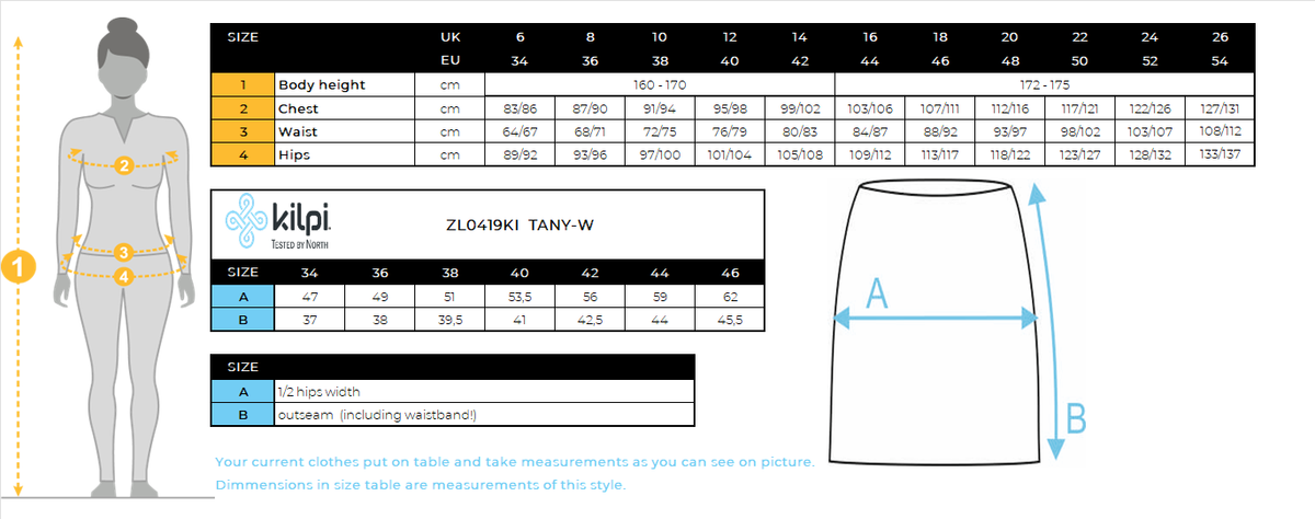 Women's insulated skirt Kilpi TANY-W – Size chart
