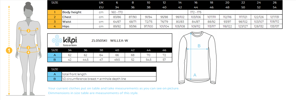 Thermisch T-shirt met lange mouwen voor dames Kilpi WILLEA-W – Maattabel