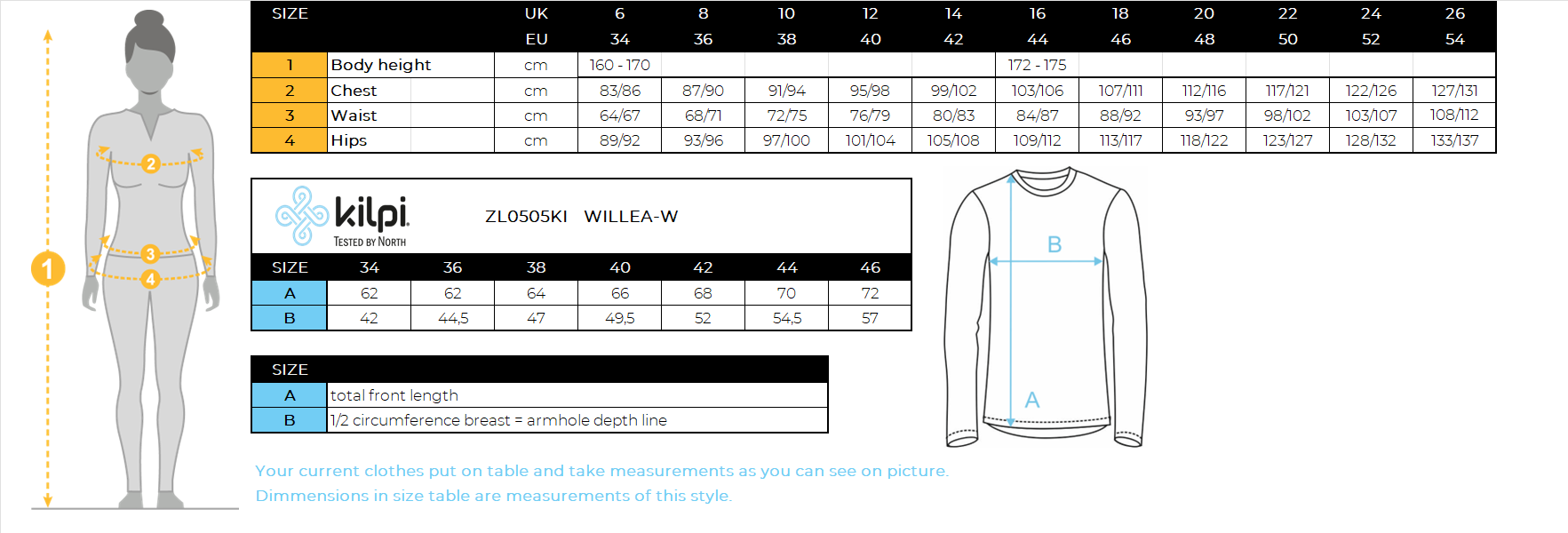 Thermisch T-shirt met lange mouwen voor dames Kilpi WILLEA-W – Maattabel
