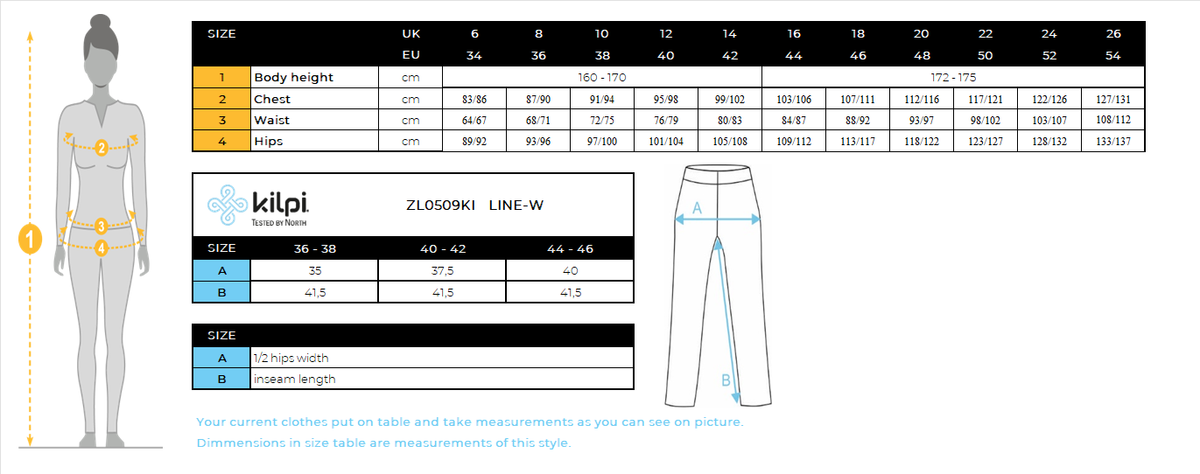 Dames naadloos base laag 3/4 broek Kilpi LINE-W – Maattabel