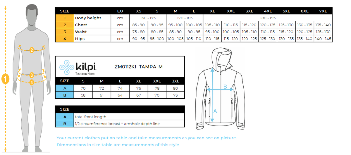 Heren ski-jas Kilpi TAMPA-M – Maattabel